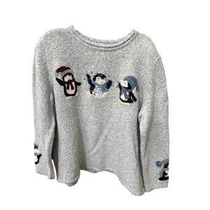 CJ Banks Sweater Womens SZ 2X Gray Knit Hand Embroidered Penguin Christmas Retro